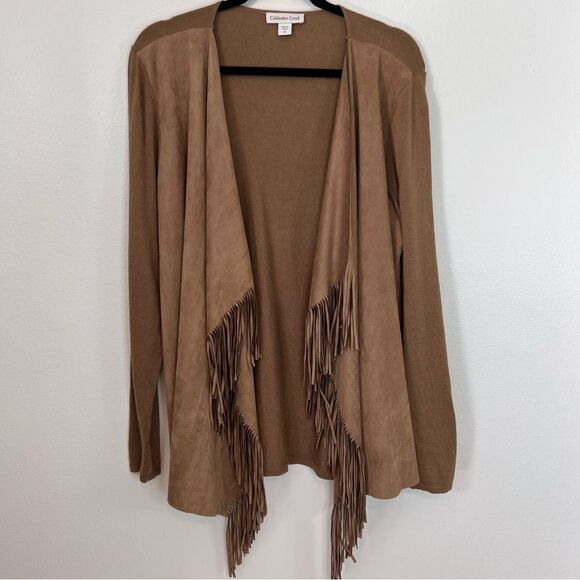 Coldwater Creek Cardigan Fringe Open Front Faux Suede Brown Size 1X - Picture 1 of 6
